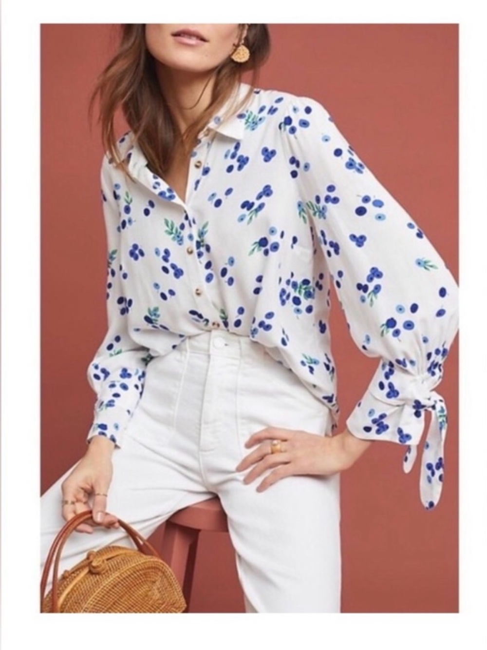 Maeve by Anthropologie White Button-Down Blouse with Blue Berry Print